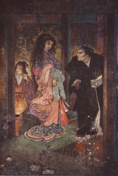 Shinzaburo kände igen Tsuyu och hennes hembiträde Yone, illustration från "The Myths and Legends of Japan" av F. Hadland Davis av Evelyn Paul
