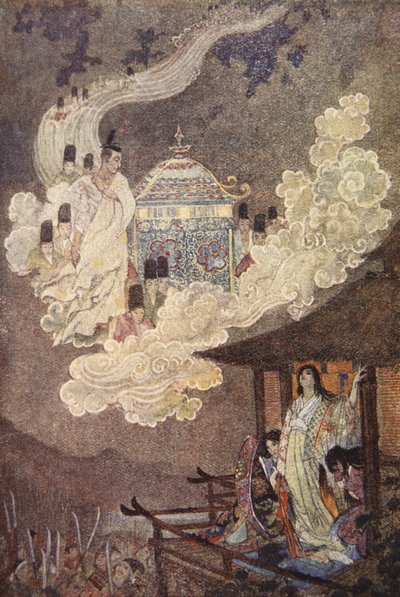 Moonfolk kräver Lady Kaguya, illustration från "The Myths and Legends of Japan" av F Hadland Davis av Evelyn Paul