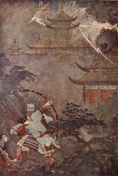 Yorimasa dödar monstret, illustration från "The Myths and Legends of Japan" av F Hadland Davis av Evelyn Paul
