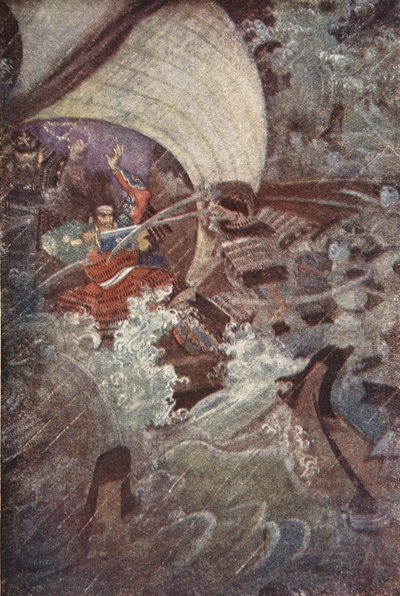 Yoshitsune och Benkei attackerade av ett spöklikt sällskap av Taira-klanen, illustration från "The Myths and Legends of Japan" av F Hadland Davis av Evelyn Paul
