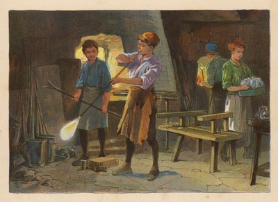 Små arbetare: Glasblåsning (färglitografi) av Evelyn Stuart Hardy