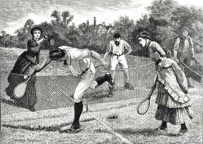 Gravyr som visar en vänskaplig dubbeltennismatch av Everard Hopkins