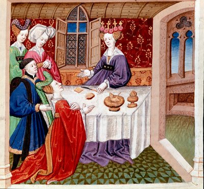 Iseult (eller Iseult) vädjar om skydd av drottning Guenevre som sitter vid hennes bord. Miniatyr hämtad från "" Romanesque du Chevalier Tristan et de la reine Yseult"" av Gassien de Poitiers belyst av Everard de Espinques (Evrard d