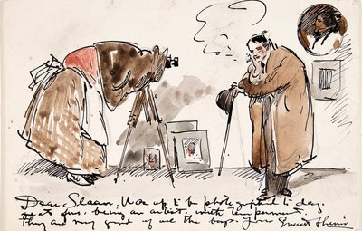 Karikatyr av Shinn som fotograferas av Gertrude Kasebier (1852-1934) av Everett Shinn
