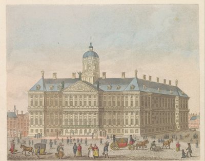Kungliga slottet på Dam-torget, ca 1810-1813 Vue du Palais Roijal, et de la Place le Dam (titel på objekt) av Evert Maaskamp
