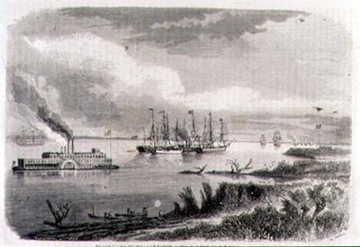 En ångbåt och en bogserbåt på Mississippi, graverad av Stephane Pannemaker (1847-1930) (gravyr) av Evremond de (after) Berard