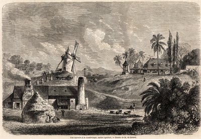 En sockerfabrik i Guadeloupe, teckning av Auguste de Berard (1824-1881), för att illustrera resorna till Västindien, 1858-1859, av Anthony Trollope (1815-1882). Gravyr i "" Le tour du monde, nouveau journal des voyages"" Paris av Evremond de (after) Berard