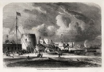 Hamnen i staden Zanzibar (nuvarande Tanzania), teckning av Evremond de Berard (1824-1881), för att illustrera kapten Burtons resa till Östafrikas stora sjöar 1857-1859. Gravyr i "" Le tour du monde, nouveau journal des voyages"" Paris av Evremond de (after) Berard