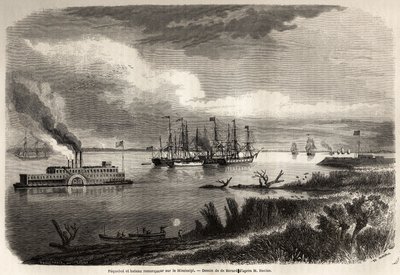 Skepp och bogserbåt på Mississippi, teckning av Evremond Auguste de Berard (1824-1881), för att illustrera resan till New Orleans 1855 av Elysee (Elisee) Reclus (1830-1905). Gravyr i "" Le tour du monde, nouveau journal des voyages"" Paris av Evremond de (after) Berard
