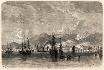 Spaniens hamn, i Trinidad (Trinidad och Tobago), teckning av Evremond Auguste de Berard (1824-1881), för att illustrera resorna till Västindien, 1858-1859, av Anthony Trollope (1815-1882). Gravyr i "" Le tour du monde, nouveau journal des voya av Evremond de (after) Berard