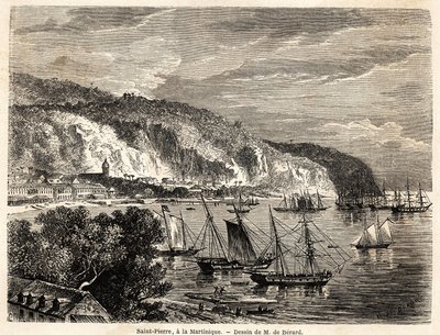 Vy över Saint Pierre, på Martinique, teckning av Auguste de Berard (1824-1881), för att illustrera resorna till Västindien, 1858-1859, av Anthony Trollope (1815-1882). Gravyr i "" Jorden runt, ny resejournal"" Paris av Evremond de (after) Berard