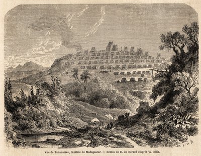 Vy över Tananarive, Madagaskars huvudstad, teckning av Evremond de Berard (1824-1881), för att illustrera Ida Pfeiffers resa till Madagaskar 1857. Gravyr i ”” Le tour du monde”” 1861. Selvas samling. av Evremond de (after) Berard