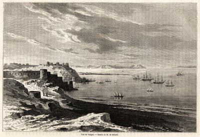 Vy över Tanger (Marocko), teckning av Evremond de Berard (1824-1881), för att illustrera M.F.Schicklers resanteckningar till Marocko. Gravyr i "" Le tour du monde, nouveau journal des voyages"" Paris av Evremond de (after) Berard
