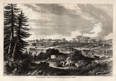 Vy över Victoria-Vancouver, British Columbias huvudstad, teckning av Auguste de Berard (1824-81), för att illustrera utforskningen av Klippiga bergen 1857-59 av kapten John Palliser. Gravyr i "" Le tour du monde, nouveau journal des voyages"" Paris av Evremond de (after) Berard