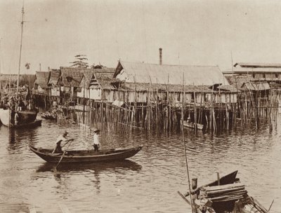 Fiskarhus på byggda på högar ovanför vattnet, Singapore (s/v foto) av Ewing Galloway