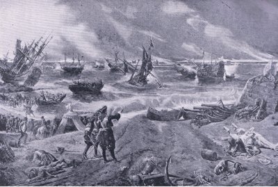 James II vid slaget vid La Hogue, 23 maj 1692, illustration från brittiska striderna på land och hav, 1915 av Eyre Crowe