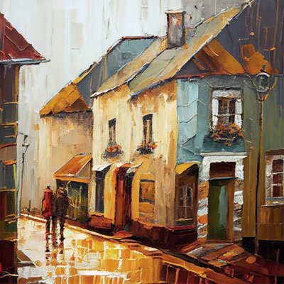 A Country Village Street, abstrakt målning på duk, väggkonsttryck av F. Abderrahim
