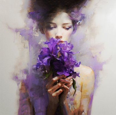 En vacker kvinna bär abstrakta lila blommor, Wall Art | Canvas Prints av F. Abderrahim
