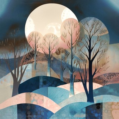 Abstrakt Moonglow-målning, stor måne, blå rosa kräm, vägg Konsttryck av F. Abderrahim