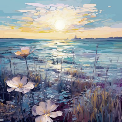 Abstrakta lila blommor i blå sjö, anpassade väggkonsttryck, sovrumsinredning av F. Abderrahim
