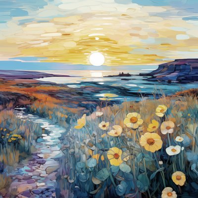 Abstrakt lila blommor i soluppgång landskapsmålning, väggkonsttryck av F. Abderrahim