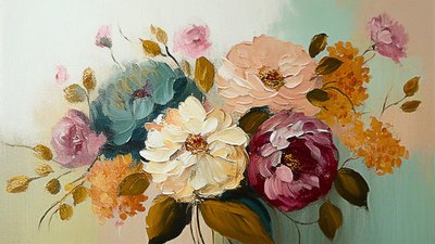 Abstrakt målning med vintage-blommor, horisontellt tryck på duk på begäran av F. Abderrahim
