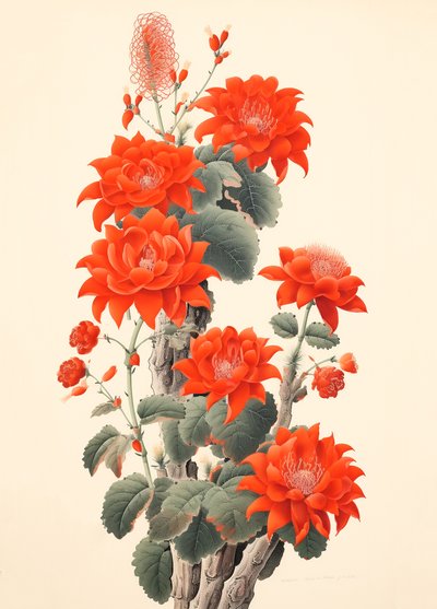Abstrakt kaktus med blommor, japanskt träsnitt, inramade väggkonsttryck av F. Abderrahim