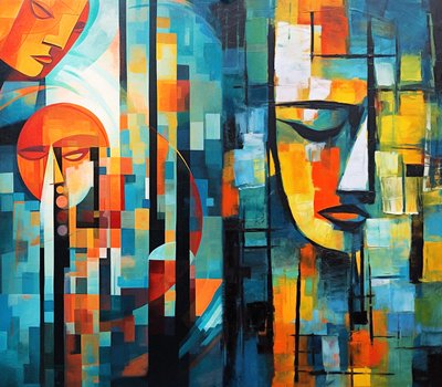Abstrakt figurativ färgglad målning, utskrivbar digital konst av F. Abderrahim