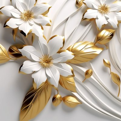 Abstrakta blad  vita blommor, gyllene textur, väggkonst av F. Abderrahim