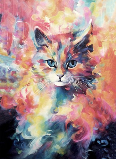 Abstrakt målning av ett husdjur, en katt i ljusa livfulla färger, väggkonsttryck av F. Abderrahim