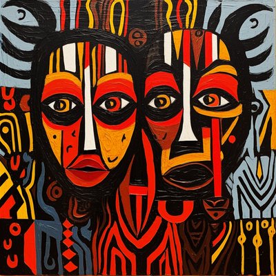 Afrikanska stamansikten, målning i Picasso-stil, konsttryck på duk av F. Abderrahim