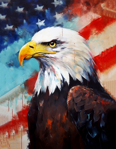 Amerikansk örn, USA:s flagga i bakgrunden, oljemålning, rumsdekor, väggkonst av F. Abderrahim