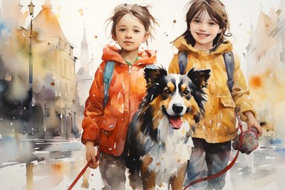 Akvarell Porträttmålning av hund och barn, väggkonst dekor, canva utskrifter av F. Abderrahim