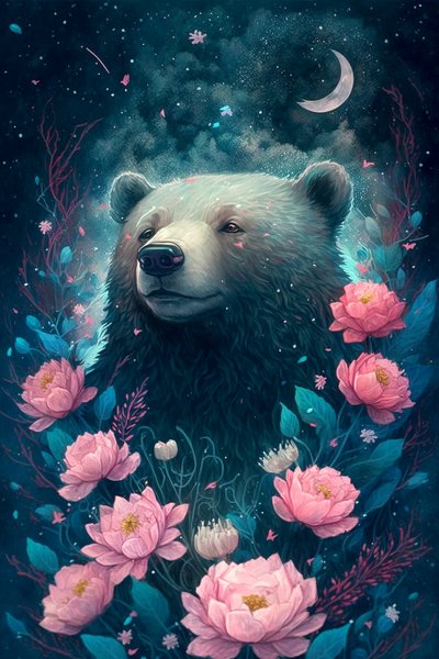 Björn i en fantasidröm omgiven av blommor, inramade posters av F. Abderrahim