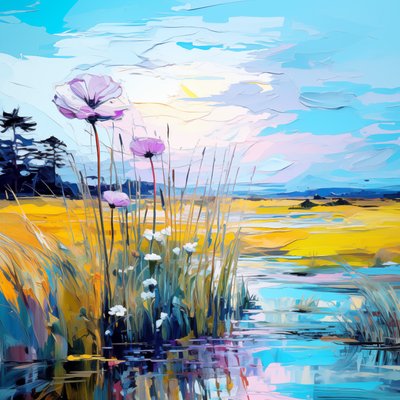 Blå blommor, Abstrakta blå blommor i soluppgång Landskapsmålning, konsttryck på duk av F. Abderrahim