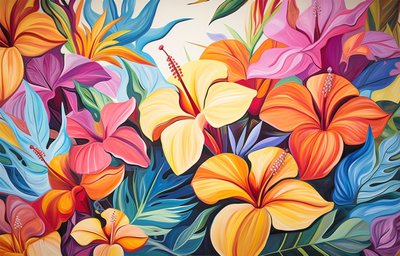 Bukett med färgglada hibiskusblommor, blommig målning, konsttryck av F. Abderrahim