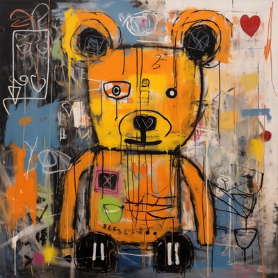 Dekor söt björn abstrakt målning, jean michel basquiat stil, konsttryck av F. Abderrahim
