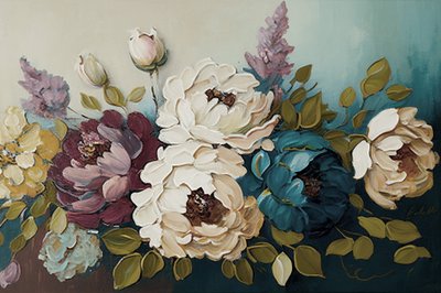 Blomsterbukett med pioner, horisontella tryck på duk av F. Abderrahim