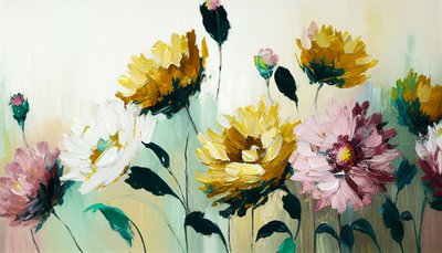 Blommigt stilleben på horisontell duk, väggkonsttryck på begäran av F. Abderrahim