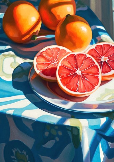 Grapefruktskivor, dekor kök stilleben målning, fina konsttryck online av F. Abderrahim