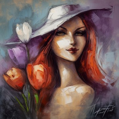 Impressionistiskt flickporträtt  krokusblommor, Akryl blommig dukmålning av F. Abderrahim