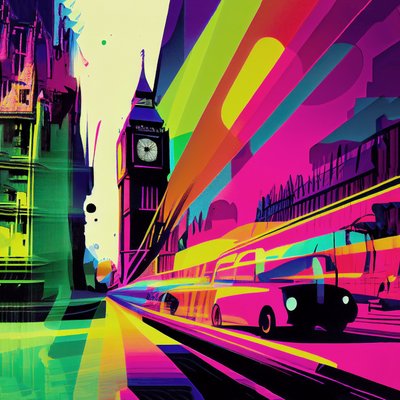 London färgglada surrealistiska tecknade serier, Comic Abstraction, UK väggkonsttryck av F. Abderrahim