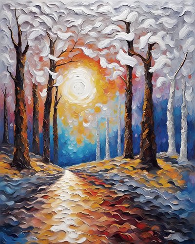 Solnedgång genom en skog, landskap canvas tryck, levande färg målning av F. Abderrahim