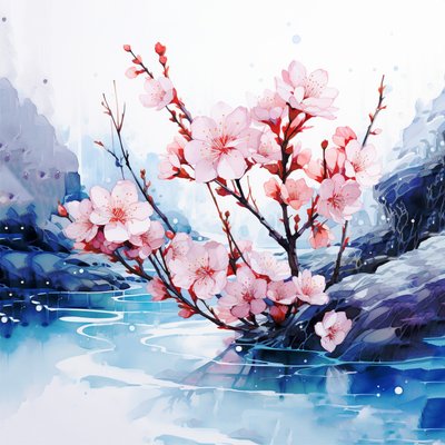 Surrealistisk akvarellmålning Japanska körsbärsblommor blommor, vägg Konsttryck av F. Abderrahim
