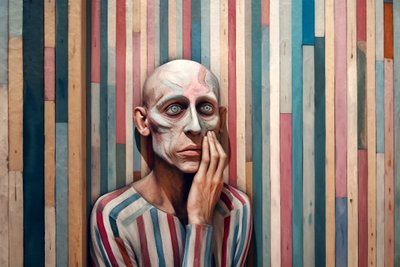 Surrealistisk målning av en ledsen man inspirerad av Giorgio de Chirico, konsttryck av F. Abderrahim