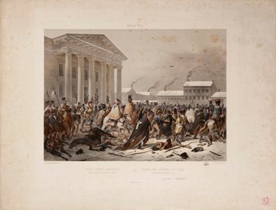 Den retirerande franska armén på Rådhustorget i Vilna, graverad av Victor Adam (1801-66) och Louis Pierre Alphonse Bichebois (1801-50) 1812 av F. Daniel