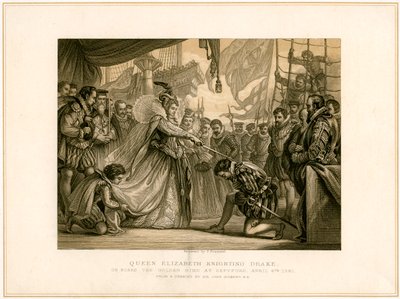 "Drottning Elizabeth Knighting Drake ombord på Golden Hind..., 4 april 1581", 1800-talet av F Fraenkel