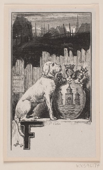 Initial vinjett."F" med en hund och Köpenhamns vapen av F. Hendriksen
