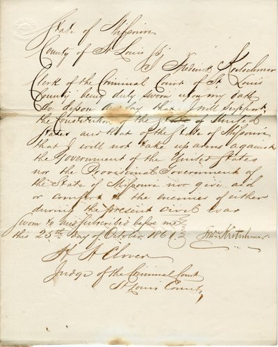 Loyalty oath of Frederick Kretschmar , State of Missouri, County of St Louis av F. Kretschmar