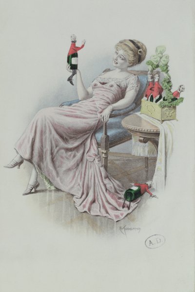 Vykort föreställande en kvinna med champagneflaskor i form av män, ca 1900 (färg litho) av F. Kuderna